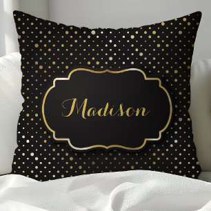 Zwart en Gouden Folie Polka Dot Confetti Monogram Kussen