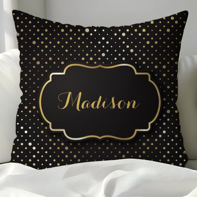 Zwart en Gouden Folie Polka Dot Confetti Monogram Kussen (Creator heeft geüpload)