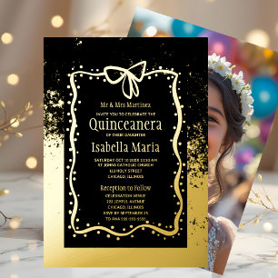 Zwart en Gouden Folie Quinceañera Uitnodiging Bow