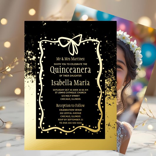 Zwart en Gouden Folie Quinceañera Uitnodiging Bow