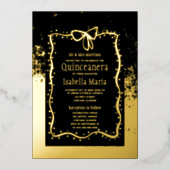 Zwart en Gouden Folie Quinceañera Uitnodiging Bow (Voorkant)