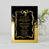 Zwart en Gouden Folie Quinceañera Uitnodiging Bow (Staand Voorkant)