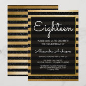 Zwart en Gouden Folie Streep Achttiende Verjaardag Kaart (Voorkant / Achterkant)