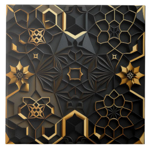 Zwart en gouden geometrisch bloemmozaïekeffect tegeltje