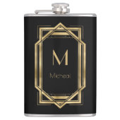 Zwart en gouden geometrisch | Monogram & Naam  Heupfles (Voorkant)