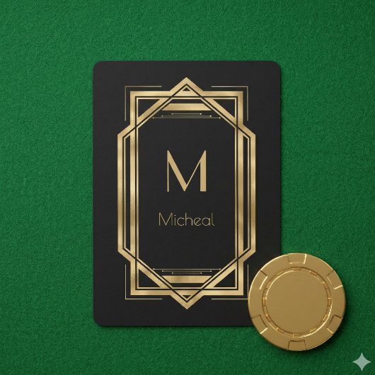Zwart en gouden geometrisch | Monogram & naam Pokerkaarten