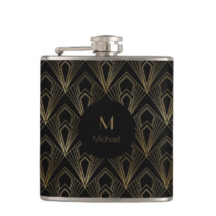 Zwart en gouden geometrisch patroon   Monogram Heupfles