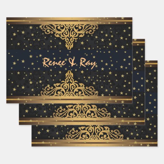 Zwart en gouden gepersonaliseerd omslagpapier inpakpapier vel (Set)