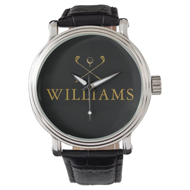 Zwart en gouden gepersonaliseerde naamgolfclubs horloge (Voorkant)