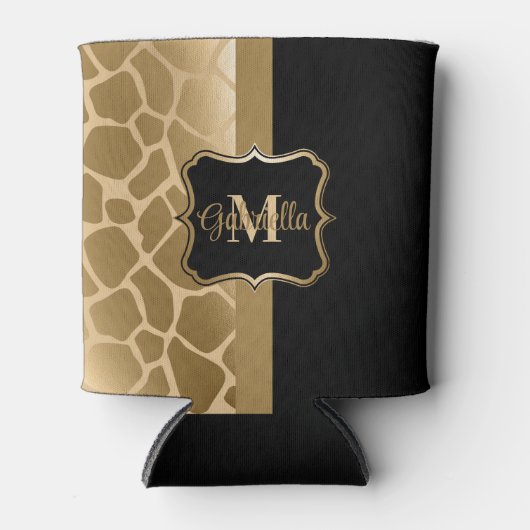 Zwart en gouden Giraffe Patroon Blikjeskoeler (Voorkant)