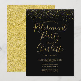 Zwart en gouden glinsterend script pensioenfeest kaart