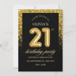 Zwart en gouden glitter 21e verjaardagsfeest  kaart