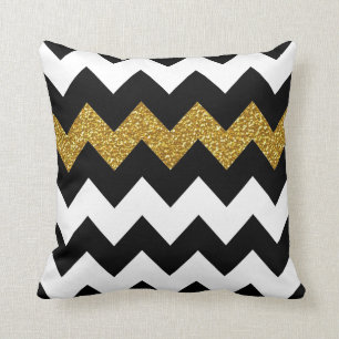Zwart en gouden glitter Chevron in White Kussen