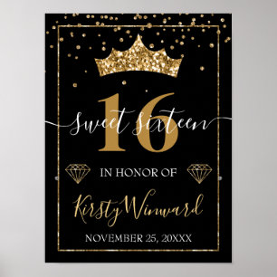 Zwart en gouden glitter diamant confetti & tiara poster