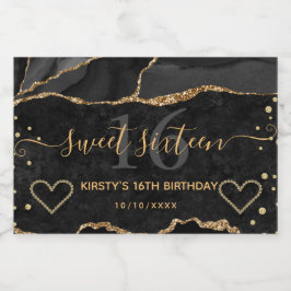 Zwart en gouden glitters agaat marmeren Sweet 16 Sparkling Wijnetiket