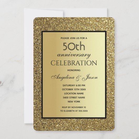 Zwart en gouden glitters bruiloft 50ste verjaardag kaart (Voorkant)