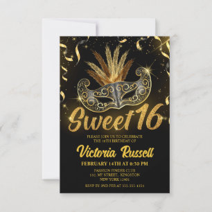 Zwart en gouden glitters masker Sweet 16 Kaart