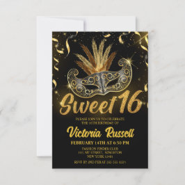 Zwart en gouden glitterschermmasker Sweet 16 Kaart