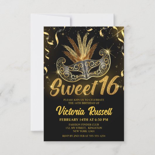 Zwart en gouden glitterschermmasker Sweet 16 Kaart (Voorkant)