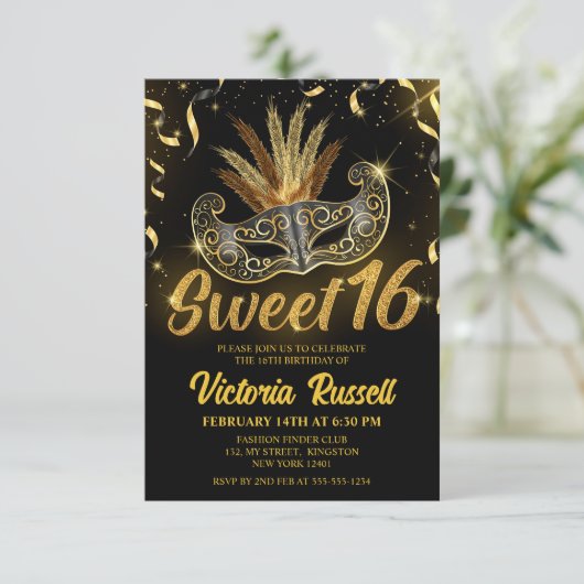 Zwart en gouden glitterschermmasker Sweet 16 Kaart (Staand voorkant)
