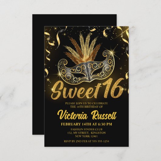 Zwart en gouden glitterschermmasker Sweet 16 Kaart (Voorkant / Achterkant)