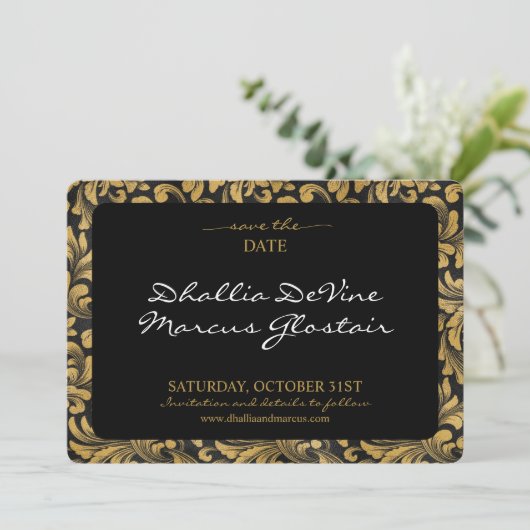 Zwart en gouden Gothic patroon Save The Date (Staand voorkant)