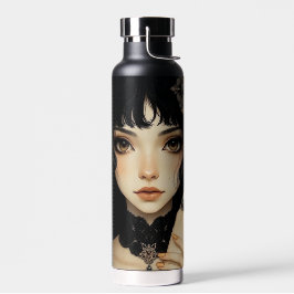 Zwart en gouden gotisch anime-meisje gepersonalise waterfles