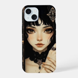 Zwart en gouden gotisch anime-meisje iPhone 15 case