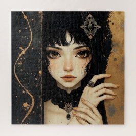 Zwart en gouden gotisch anime-meisje legpuzzel