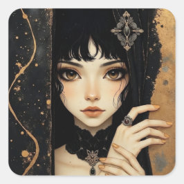 Zwart en gouden gotisch anime-meisje vierkante sticker
