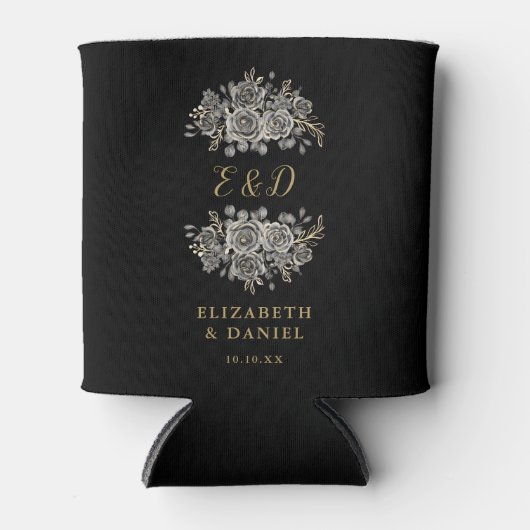 Zwart en gouden gotisch bloemmotief bruiloft blikjeskoeler (Voorkant)