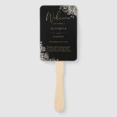 Zwart en gouden gotisch bloemmotief trouwprogramma handwaaier (Voorkant)