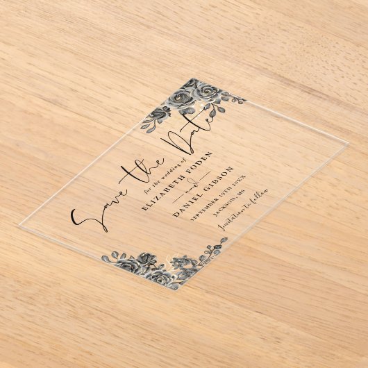 Zwart En Gouden Gotische Bloemige Trouw Save The D Acryl Uitnodigingen (Laagn)