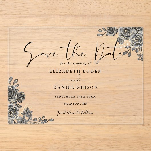 Zwart En Gouden Gotische Bloemige Trouw Save The D Acryl Uitnodigingen (Voorkant)