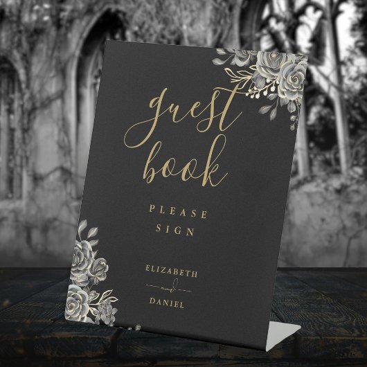 Zwart en gouden gotische rozen bloemengastenboek reclamebord met voetstuk