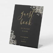 Zwart en gouden gotische rozen bloemengastenboek reclamebord met voetstuk (Voorkant)
