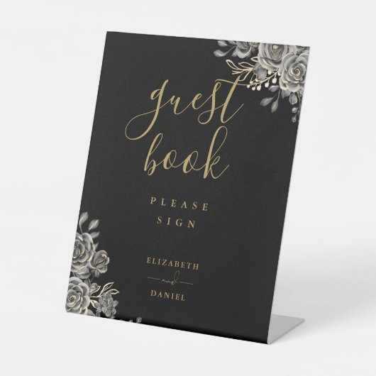 Zwart en gouden gotische rozen bloemengastenboek reclamebord met voetstuk (Voorkant)