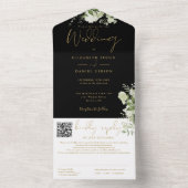 Zwart en gouden groen bladmonogram QR-code bruilof All In One Uitnodiging (Binnen)