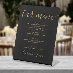 Zwart en gouden handgeschreven huwelijksbarmenu reclamebord met voetstuk