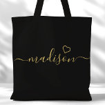 Zwart en gouden handtekening script bruidsmeisje c tote bag<br><div class="desc">Zwart en gouden handtekening script bruidsmeisje cadeau boodschappentas. Personaliseer dit ontwerp met je eigen naam en kleuren.</div>
