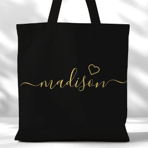 Zwart en gouden handtekening script bruidsmeisje c tote bag