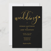 Zwart En Gouden Hart Elegante Script Foto Bruiloft Kaart (Voorkant)