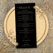 Zwart en gouden hart script bruiloft diner menu