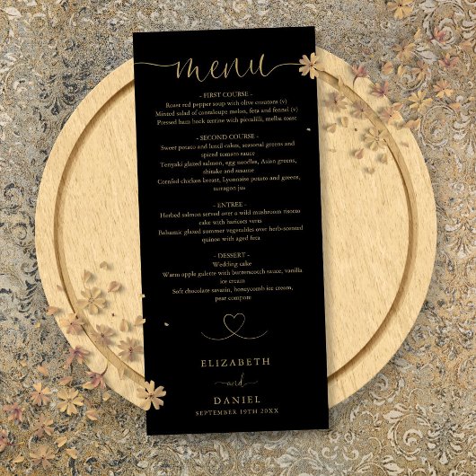 Zwart en gouden hart script bruiloft diner menu
