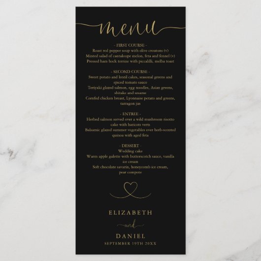 Zwart en gouden hart script bruiloft diner menu (Voorkant)