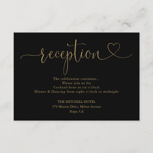 Zwart En Gouden Hart Script Bruiloftsreceptie Informatiekaartje (Voorkant)