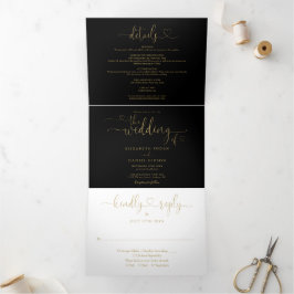 Zwart En Gouden Hart Script Trouwdag Drieluik Uitnodiging
