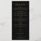 Zwart En Gouden Hart Script Trouwdiner Menu (Voorkant)