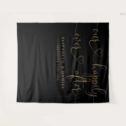 Zwart en gouden hartscript trouwdag wandkleed (Voorkant (horizontaal))