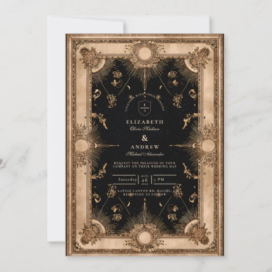 Zwart en gouden hemels barok bruiloft kaart (Voorkant)
